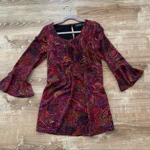 MINKPINK Magic Carpet dress- long bell sleeve 70s print mini shift dress
